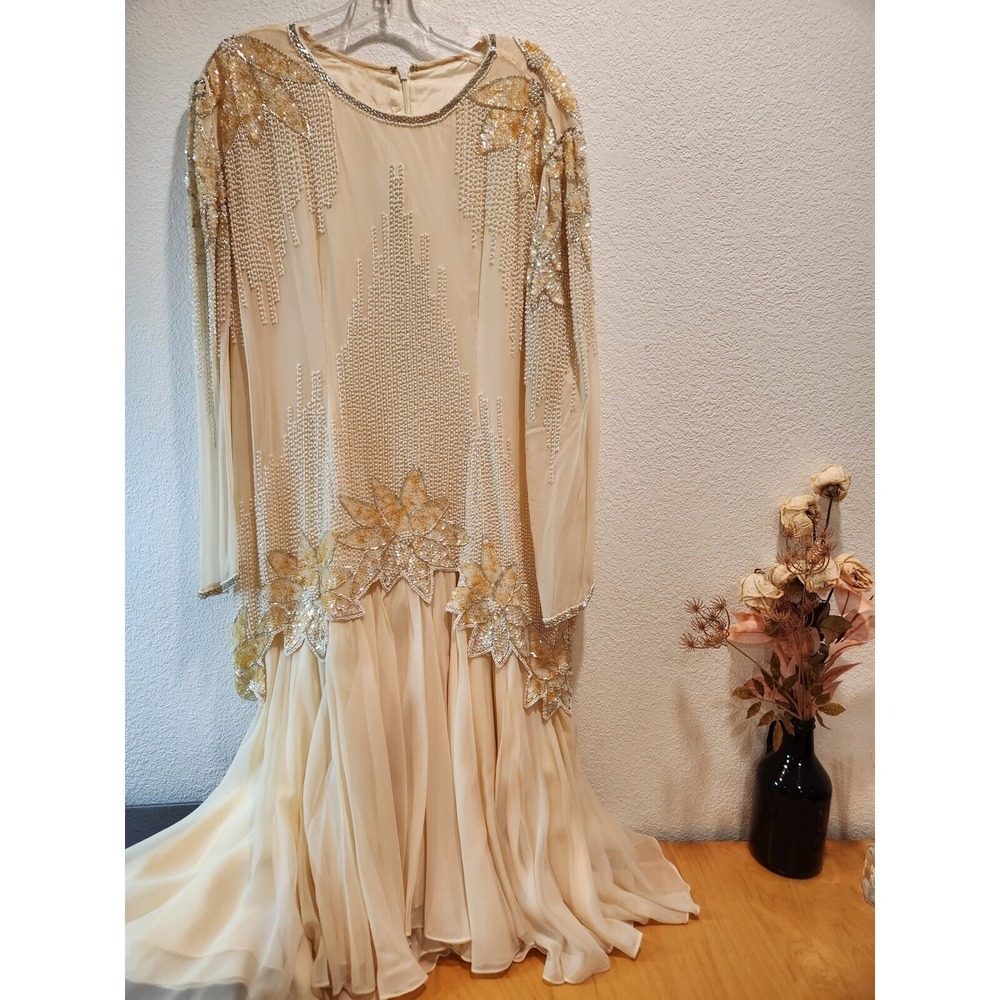 Vintage Hand Beaded Sequin Formal L Evening Gown Embellished Acetate Lined Dress - Picture 7 of 13